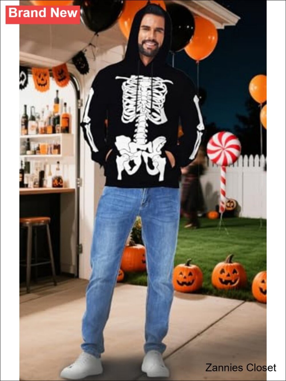 ๐ป Mens Halloween Long Sleeve Hoodie Kangaroo Pocket Skeleton Pullover - Picture 2 of 6